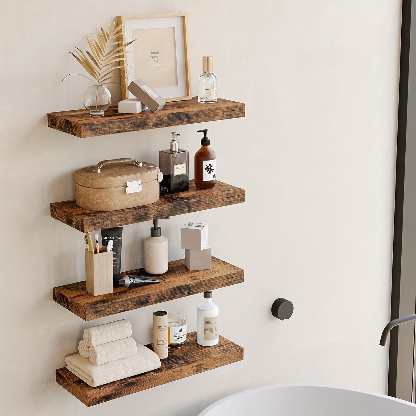 4pcs Wall Shelves, Each Can Bear 10kg Suspended Hanging Shelf, Natural Solid Wood, Load-bearing, Space-saving, Easy to Install, Floating Shelves, Multi-functional Decorative Storage for Living Room, Kitchen, Bathroom, Bedroom, Floating Shelves