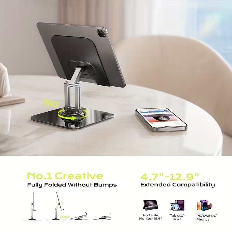 Adjustable Tablet Stand 360° Rotating All-Metal Foldable Desktop Holder for iPad Phone Laptop - 3-Piece Set with Hex Wrench & Cable Storage Bag