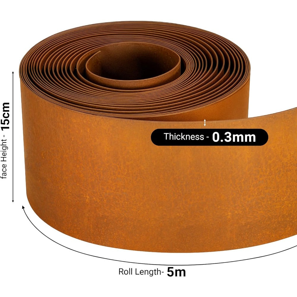 Corten Steel Lawn Edging 15cm x 5m – Pre-Aged Rust Finish, 0.3mm Thick Metal Garden Border for Lawns, Flower Beds & Gravel Paths | Gloves Included