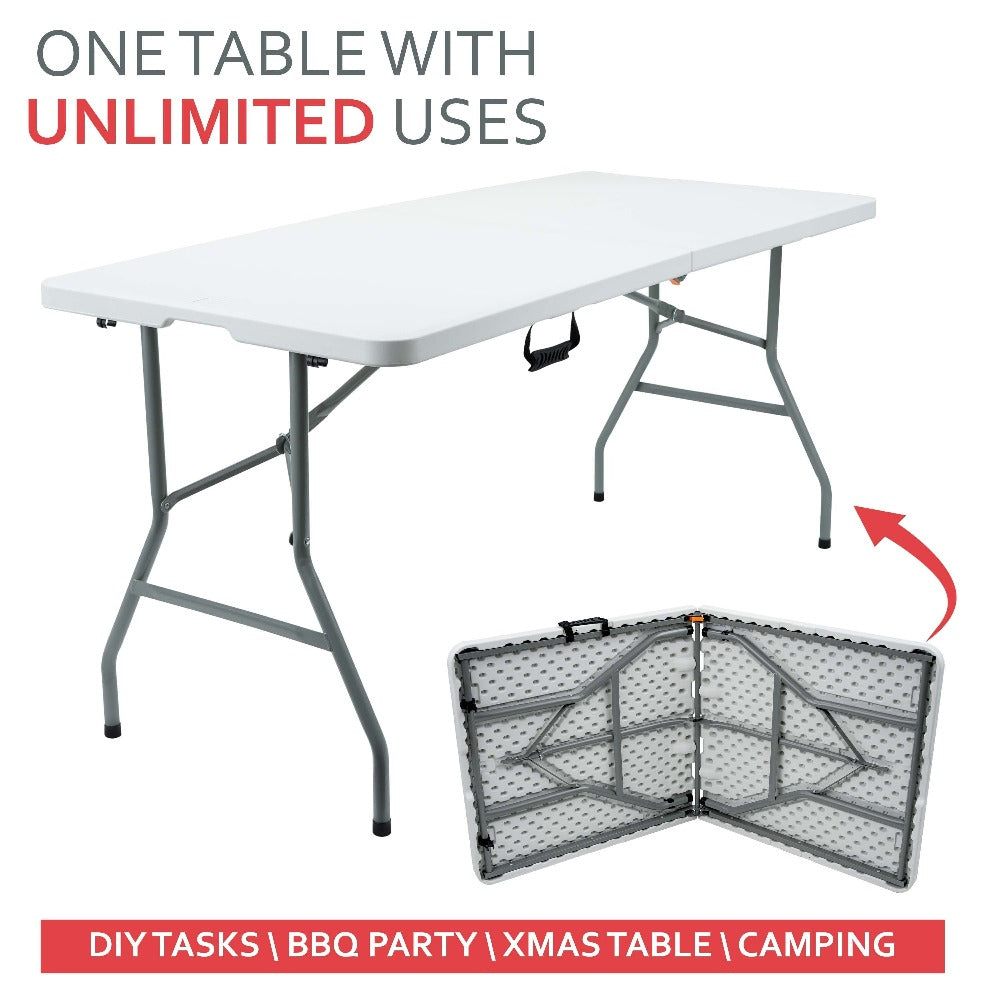 Folding Table 5ft 1.5m Heavy Duty Portable Trestle Table with Carry Handle, Sturdy White Plastic Camping Table with Steel Frame for BBQ, Picnic, Garden, Party, Market Stall & Office Use