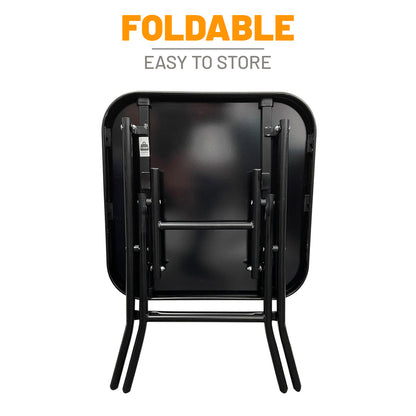 Folding Side Table with Glass Top, Small Outdoor Coffee Table, Garden Home Furniture for Indoor Outdoor Cafe Dining, Black (Square)
