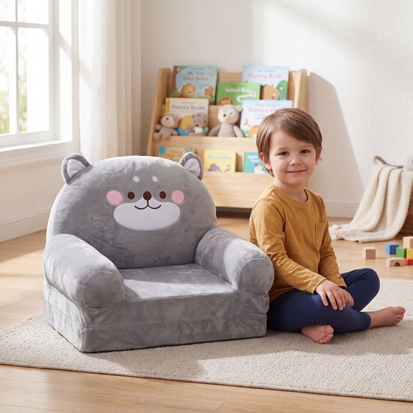 Foldable Kids Sofa Chair with Wide Handle & Soft Breathable Fabric Suitable for Reading, Relaxing, Sleeping - Modern 2-Layer Toddler Bed/Nursing Chair, Gray Furniture for Room, No Assembly Required