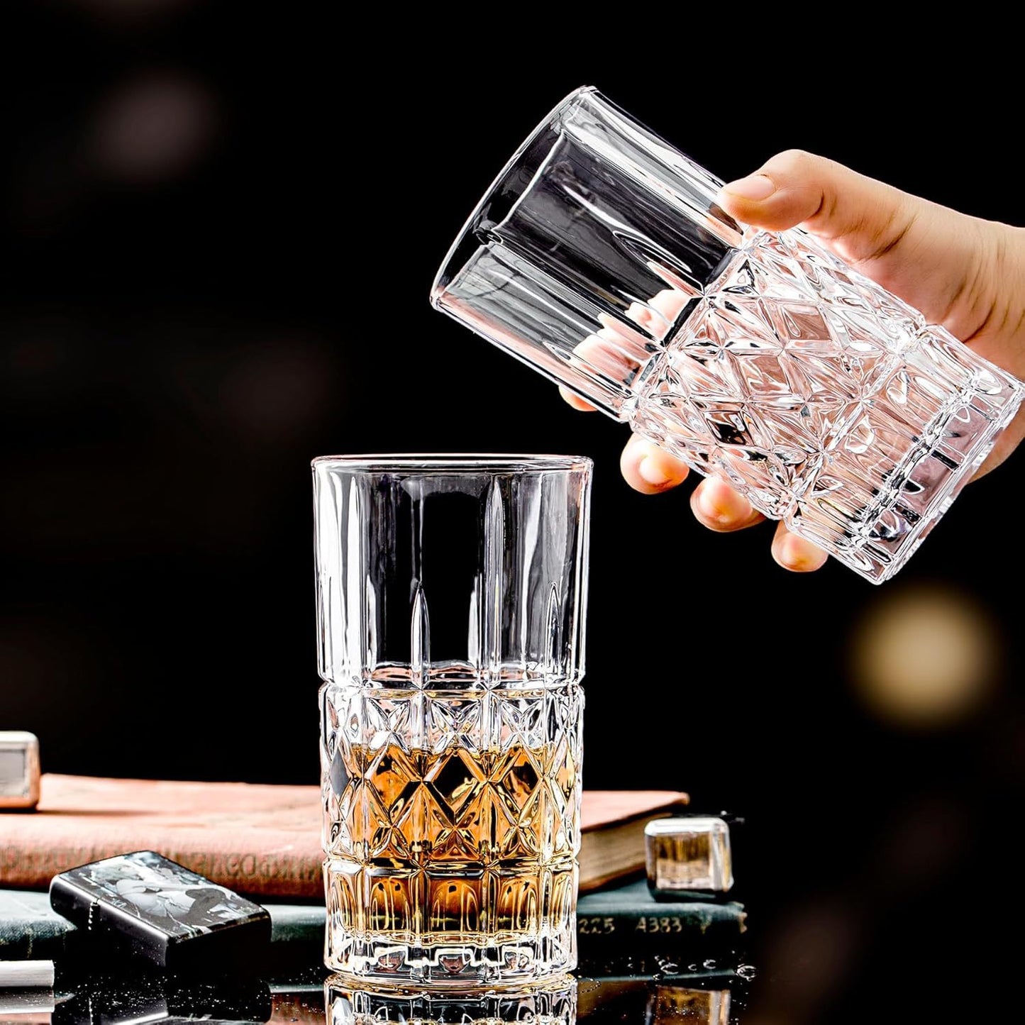 Highball Glasses Cocktail Water Crystal Cut Look Hi-Ball Tumblers Mixed Cocktail Water Juice Drinking Glasses Dishwasher Safe, Home Party Bar Restaurant