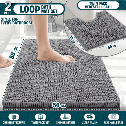 2-Piece Loop Bathroom Mat Set | Soft Chenille Microfiber Rugs with Non-Slip Backing | Machine Washable | Includes 50x80cm Bath Mat & 50x40cm Pedestal Mat | Stylish, Comfy & Durable | UK STOCK | LOCAL WAREHOUSE