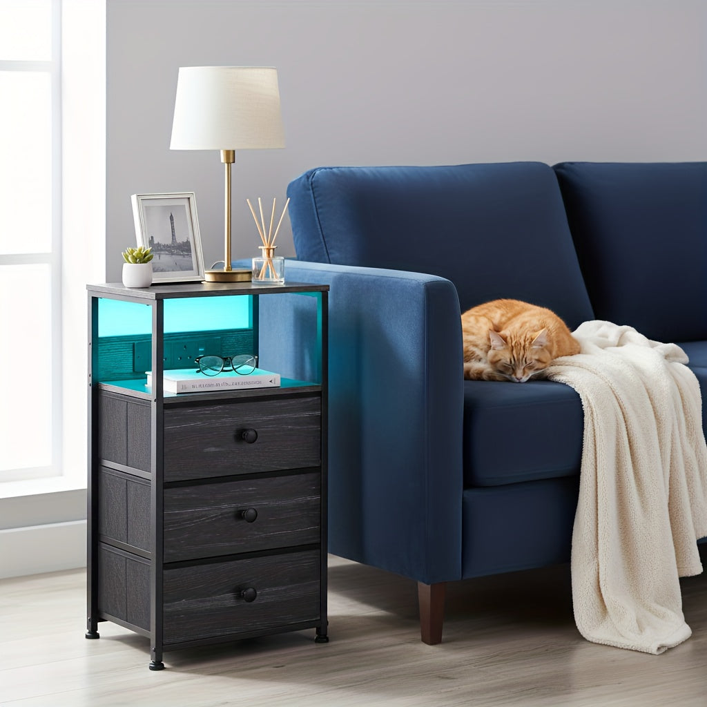 RELIABLE 2pcs Bedside Table with Charging Station, Side Table with LED Light, Small Nightstand with 3 Fabric Drawers And Open Storage Shelf, Bedside Cabinet for Bedroom, Living Room