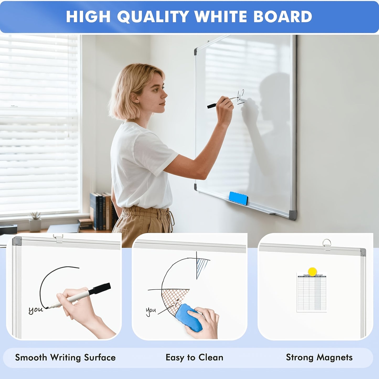 Multipurpose Magnetic White Board, Portable Dry Wipe Whiteboard Aluminium Frame For Office School and Home With Marker Pens, Magnets, Dry Eraser and Tray, Easy to Write Clean Surface for Memos Notes