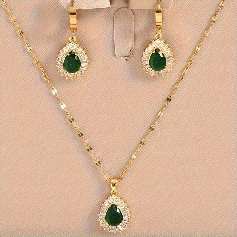 3 pcs/set, boho & elegant style, golden drop shape design pendant, deep inlay green faux diamond necklace & studs, fashion delicate accessory for daily wear & party, gift idea for ladies