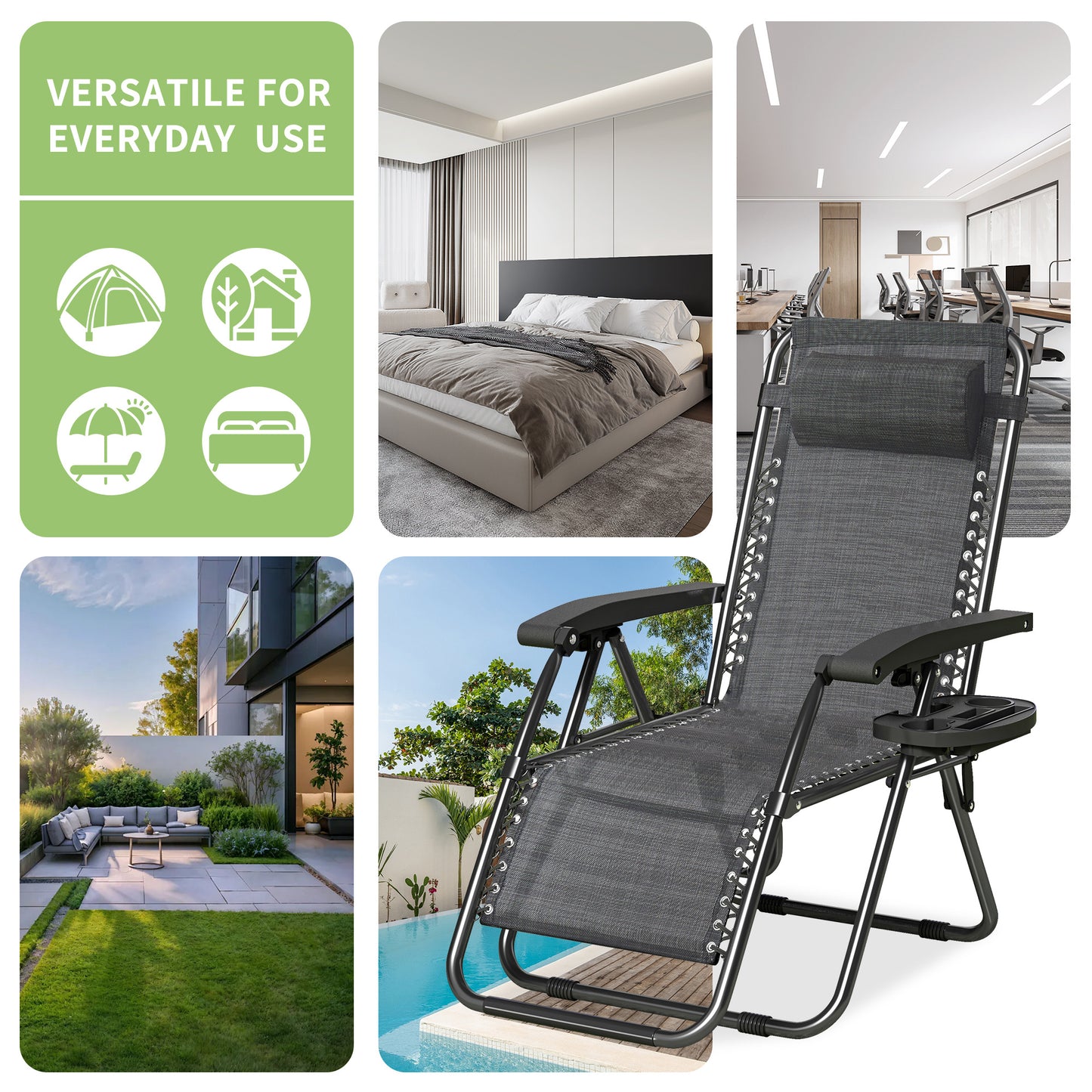 2pcs Zero Gravity Chairs, Fabric Foldable Patio Chairs Outdoor, Lounge Camping Chairs with Padded Pillow, Armrest, Footrest and Cup Holder - Textilene Fabric