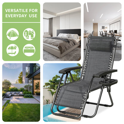 2pcs Zero Gravity Chairs, Fabric Foldable Patio Chairs Outdoor, Lounge Camping Chairs with Padded Pillow, Armrest, Footrest and Cup Holder - Textilene Fabric