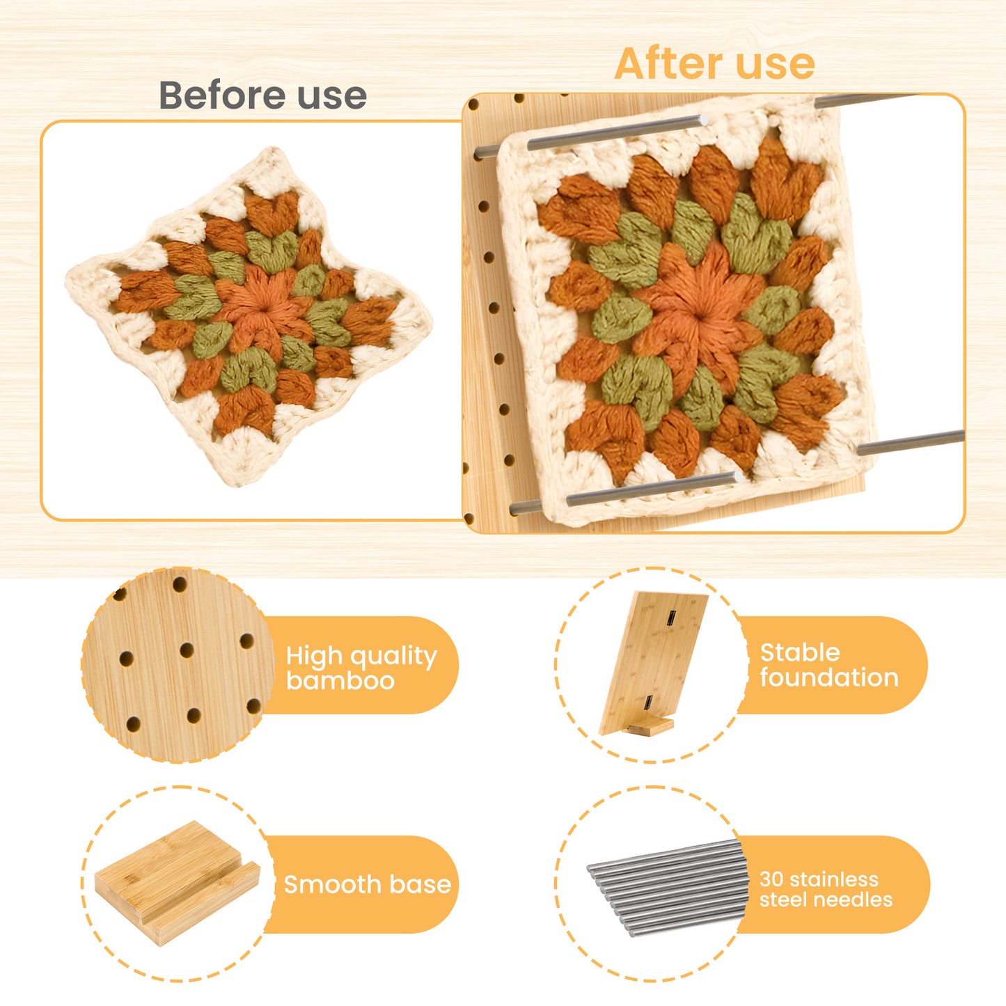 1set Bamboo Wooden Board For Knitting Crochet And Granny Squares Blocking Board For Knitting And Crochet Projects Handcrafted Knitting Stainless Steel Pins 13 Inches 33x33cm