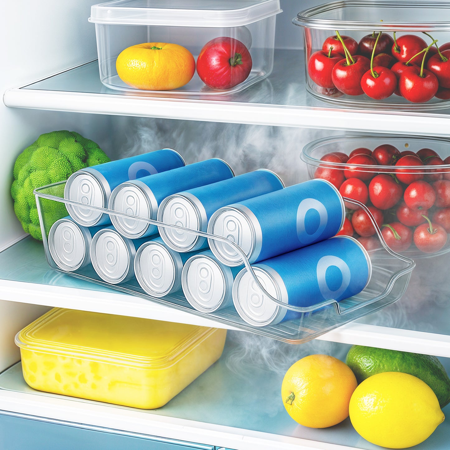 KICHLY Fridge Can Dispenser & Organizer Bins – Clear Can Holder Racks for Soda, Tins & Drinks – Kitchen Organizers and Storage, Space-Saving Kitchen & Pantry Storage