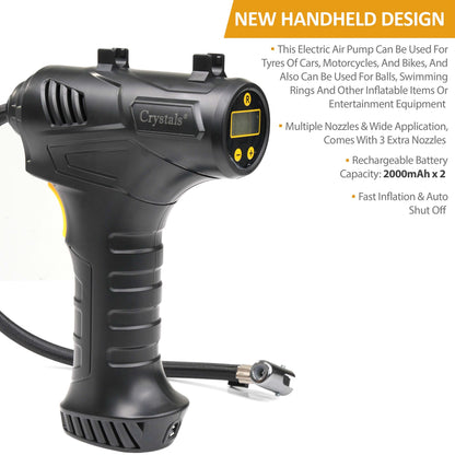 Cordless Digital Tyre Inflator USB Rechargeable 150PSI Auto Shut-Off with LCD Display & LED Light – Portable Air Compressor with 3 Nozzle Adaptors for Car, Motorcycle, Bicycle & Inflatables