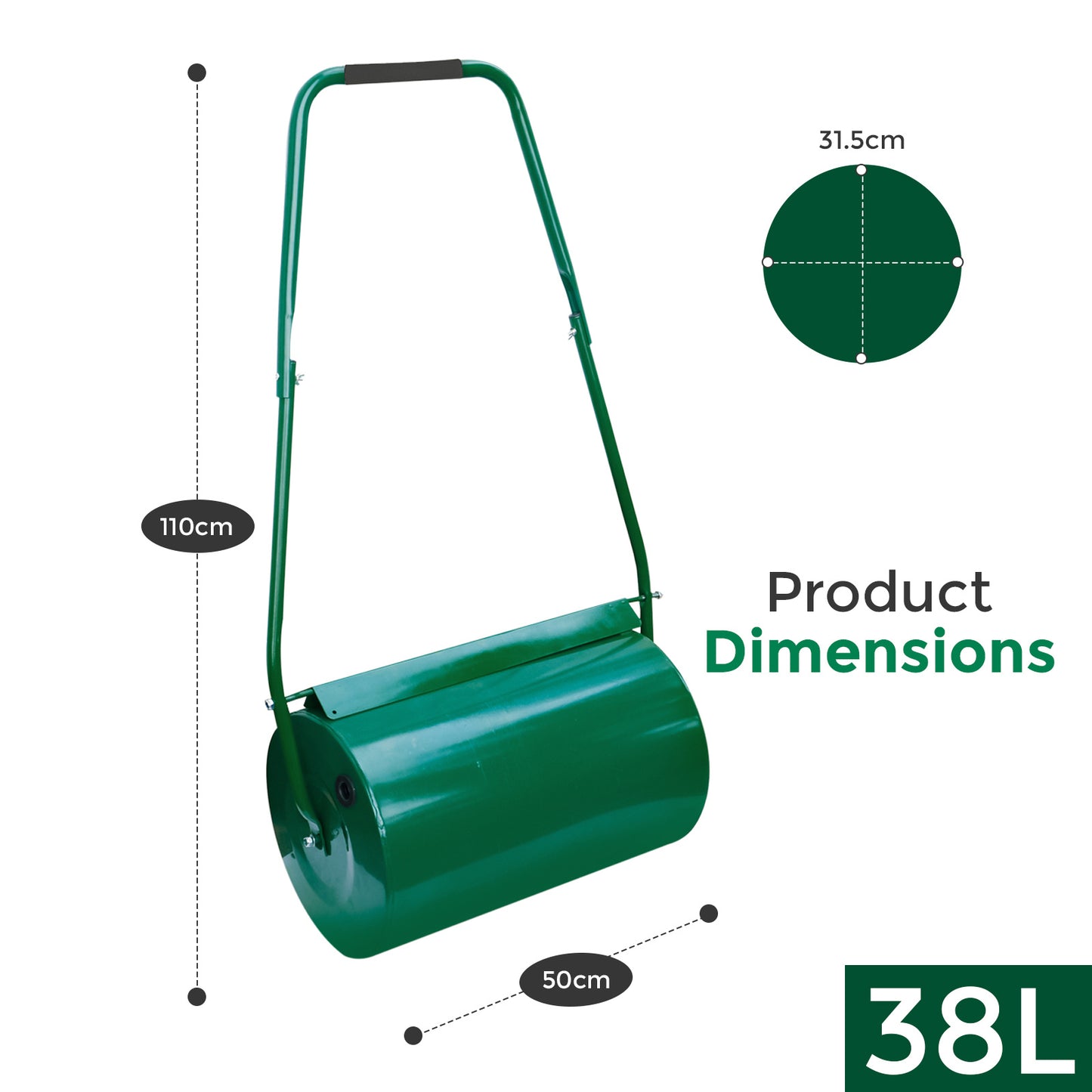 Heavy Duty Garden Grass Lawn Roller - Large Water or Sand Filled Drum, Galvanized Steel Construction, Scraper Bar & Collapsible Handle for Levelling Uneven Ground - Green