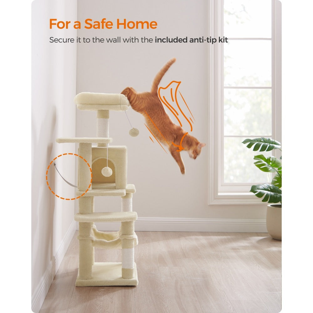 112cm Cat Tree Multi-Level Plush Tower Condo with 4 Scratching Posts, Hammock, Cave & Platforms – Stair-Step Design with Hanging Toys | Easy Assembly Indoor Cat Furniture | Pink White Beige Grey | UK