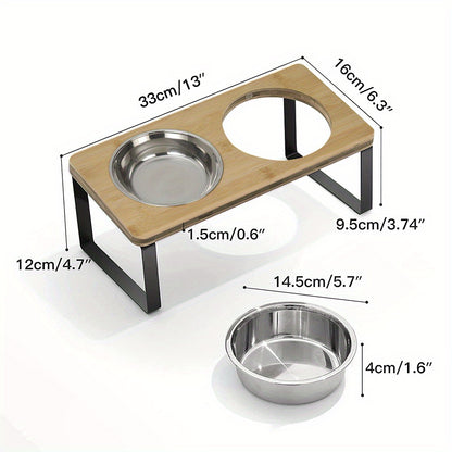 Raised Cat Food Bowl Elevated Pet Feeder With 2 Stainless Steel Bowls, 15°Tilted Stand Indoor Cats Double Dishes Feeding Station, 33*16*12cm