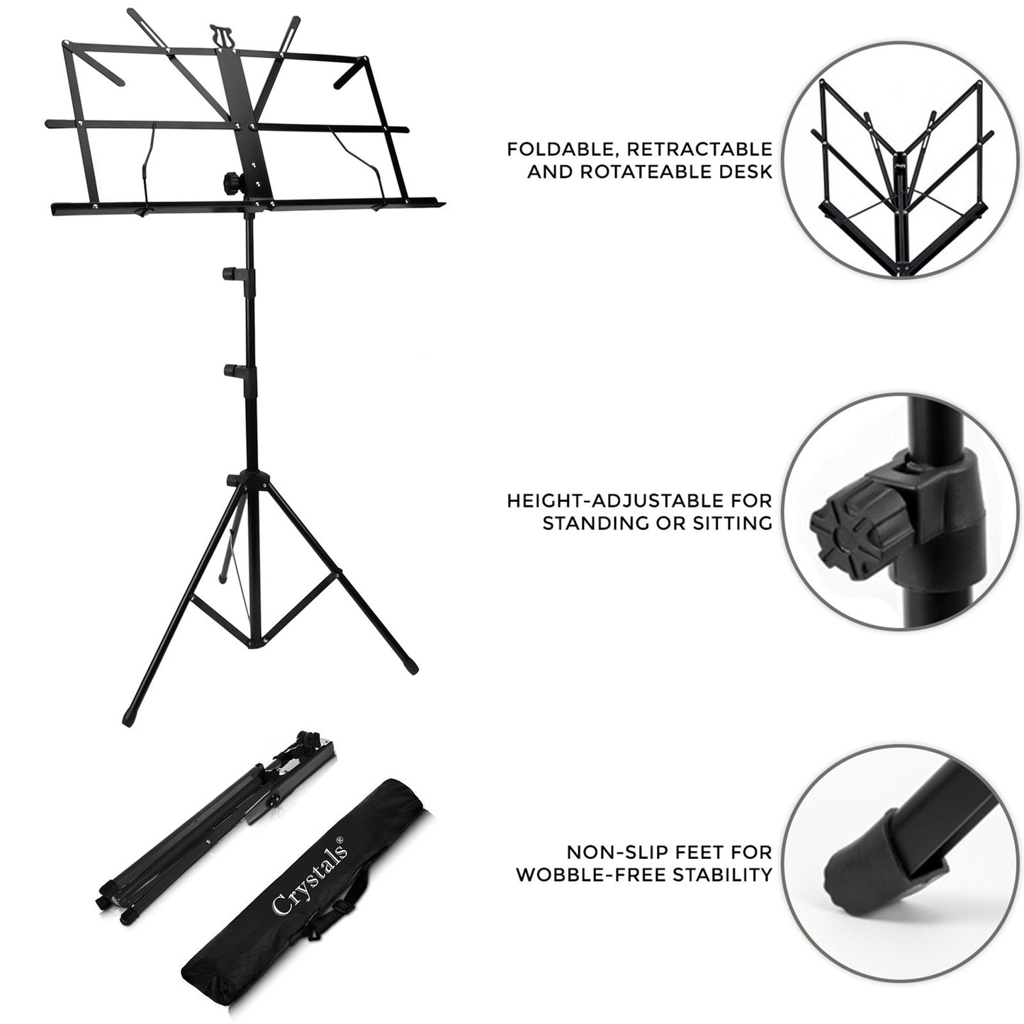 Music Stand - Music Stands for Sheet with Carrying Bag, Metal Sheet Music Stand Portable, Adjustable Podium Stand with Tripod Base and Sheet Music Folder, Black