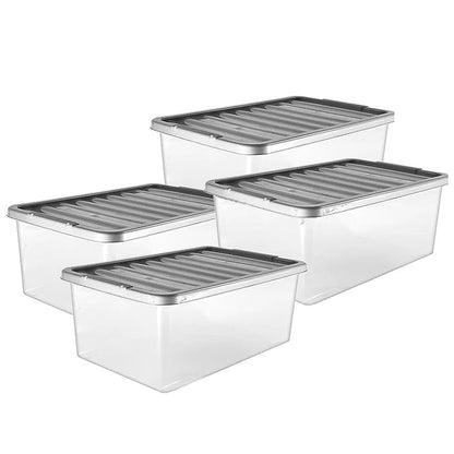 4 Pack 32L Clear Large Storage Boxes Containers Complete With Silver Lids Underbed Home/Office Storage