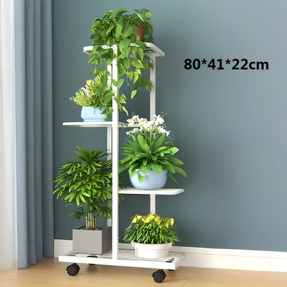 6-Tier Metal Flower Stand Multipurpose Tiered Shelf Indoor & Outdoor Use Space-Saving Gift Display, Durable Multi-Purpose Storage Rack with Sliding Wheels- for Living Room, Plant Room, Garden, Balcony, Entrance