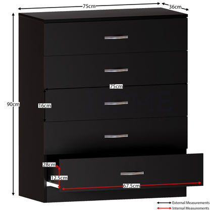 Chest of Drawers 5 Drawer Dresser with Metal Handles & Anti-Bowing Support, Bedroom Storage Furniture in White, Black, Grey & Pine – Spacious & Sturdy