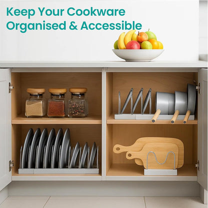 Expandable Pan Lid Organiser Rack 7/10 Adjustable Dividers, Anti-slip Pantry Cupboard Organiser Kitchen Drawer Bakeware Plate Holders for Pots, Pans, Chopping Board, Saucepan, Baking Trays