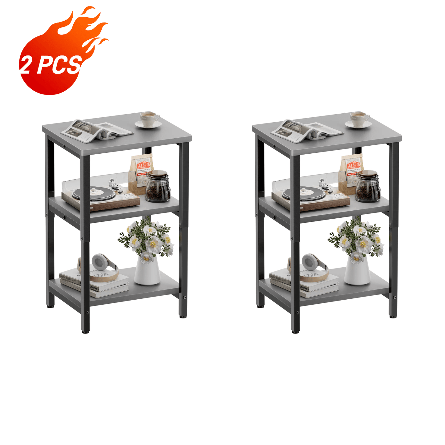 Bookshelf, Sofa Side Table Living Room, Industrial End Table With 3-Tier Storage Shelves, Bedside Tables With Height Adjustable, Steel Frame, Nightstand 37 x 30 x 59.4/62.4/65.4 cm, 4 Colors