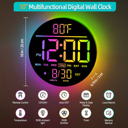 A Large 10-Inch Digital Wall Clock Featuring 8 RGB Colors, Remote Control, Temperature Display, Date, Automatic Daylight Saving Time Adjustment, Night Light, Auto Brightness Dimmer