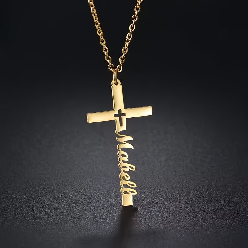 Golden Silvery Personalized Custom Name Necklace 1pc, Hollow Cross Pendant, Women Girlfriend Gift Jewelry, Easter Religious Belief Gift, Suitable for Women Mom