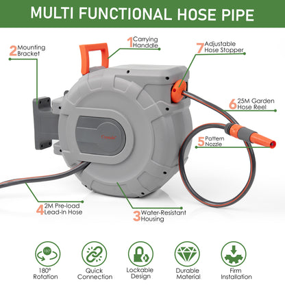 Hose Reel – Wall Mounted Hose Reels for Garden, Retractable, Auto Lock & Auto Rewind Pipe 180°, Includes Wall Fixings & Ready for Outdoor Use with Nozzle, Accessories, Grey