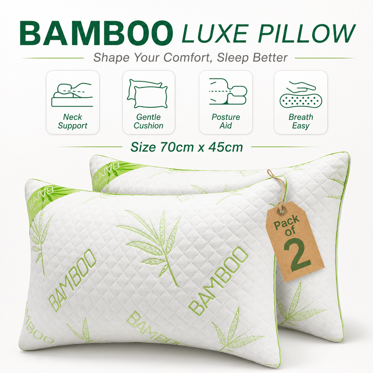 Bamboo Memory Foam Pillow Pack of 2 | Medium Firm Support for Neck & Shoulder Comfort | Soft & Breathable | 50x75cm | Ideal for Side, Back, and Stomach Sleepers | Removable Zip Cover | Durable Viscose Elastic Foam