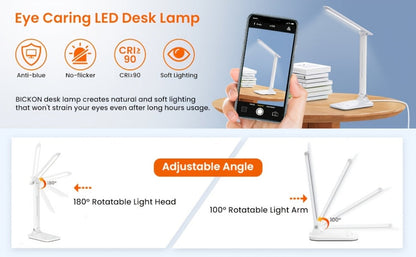 LED Desk Lamp 5 Colour Temperature Modes & Touch Dimmer – Flicker-Free Eye Protection, USB Powered with Timer, Study Reading Office Home Lamp