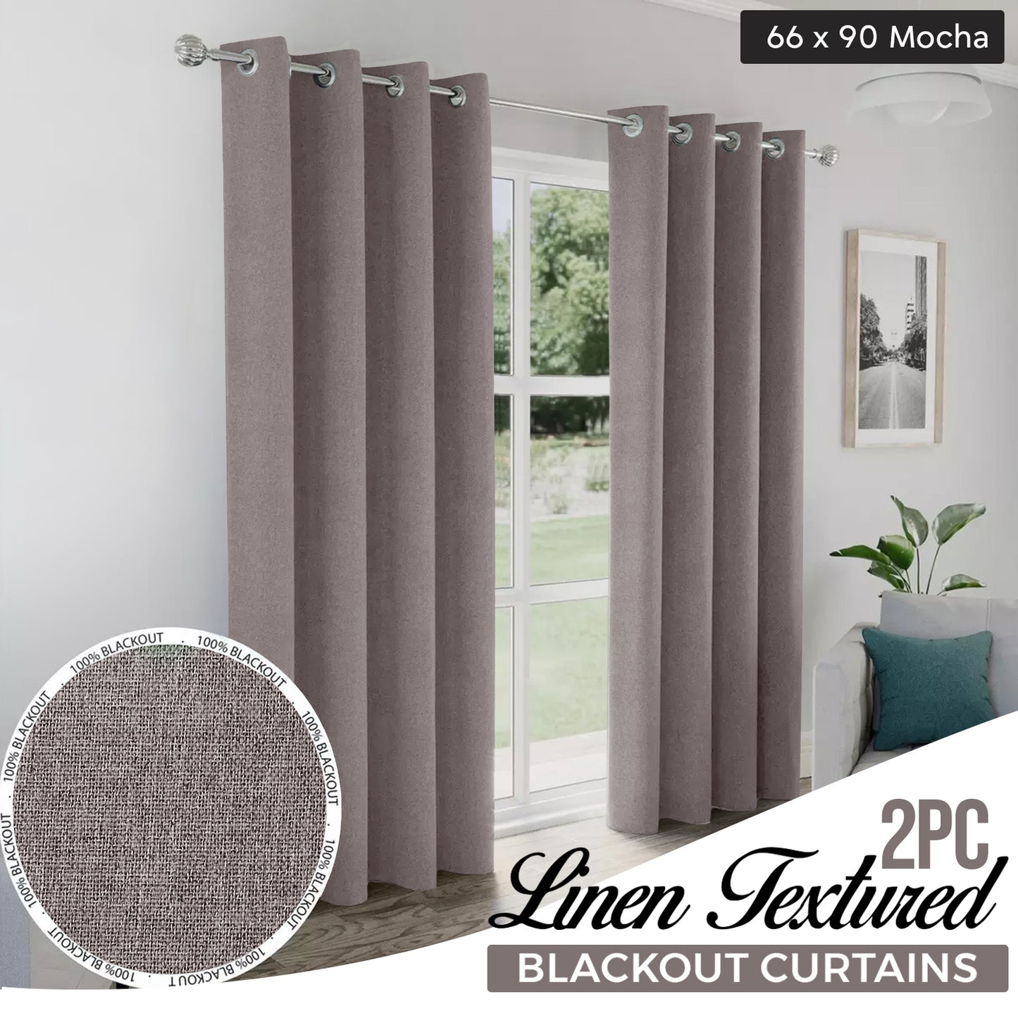 2pcs Linen Textured Blackout Curtains – Linen-Look Coated Thick Fabric Grommet Top Drapes for Bedroom & Living Room, Noise Reducing Energy Saving Window Panels for Home Decor 135GSM
