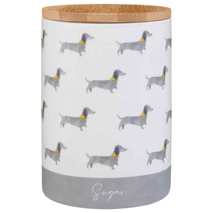 Set of 3 Ceramic Tea, Coffee & Sugar Canisters – Sausage Dog Design Storage Jars with Lids, Kitchen Pots