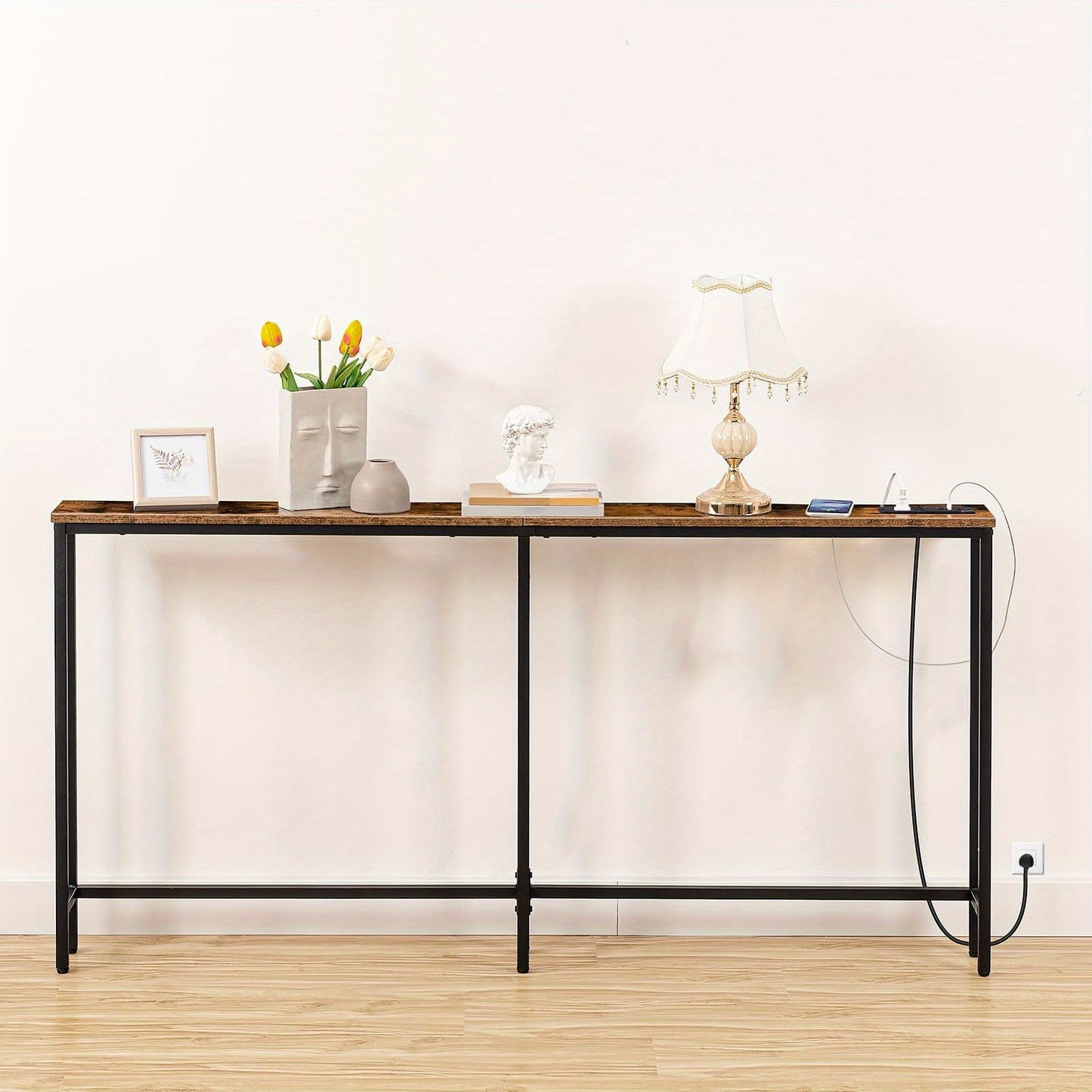 Rustic Brown And Black, 160 Cm Narrow Console Table, Behind Sofa Couch Table with Charging Station, Long Hallway Table, Slim Console Table for Hallway, Entryway, Living Room