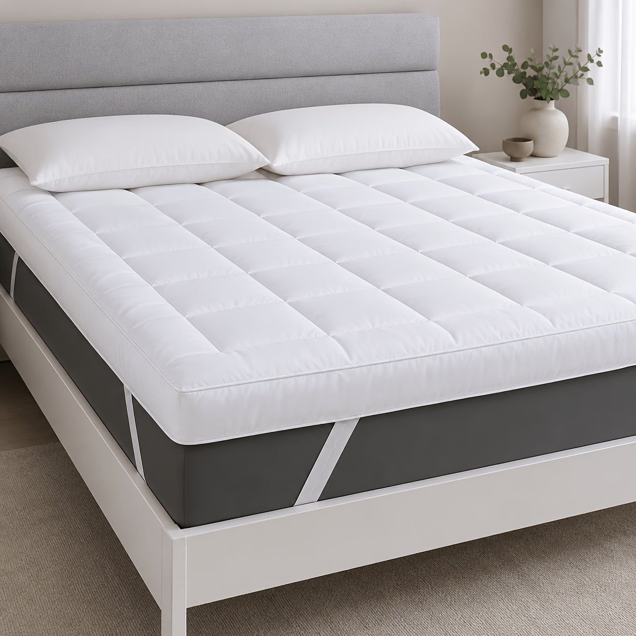 1pc Hotel Quality Summer Cooling Mattress Topper 10cm/4-Inch Deep Plush Mattress Pad, Soft Bed Topper, Breathable Bedding for Hot Sleepers with 4 Elastic Straps for Secure Fit, Single Double King Super All Sizes, White