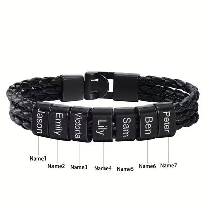 [Customized] Custom Woven Lettering Black 304 304 Stainless Steel Bracelet, 1-7 Beaded Fashion Men'S Bracelet, Engraved 1-7 Names, Gift for Dad Papa, Grandpa, Uncle, Husband, Son Fathers Day