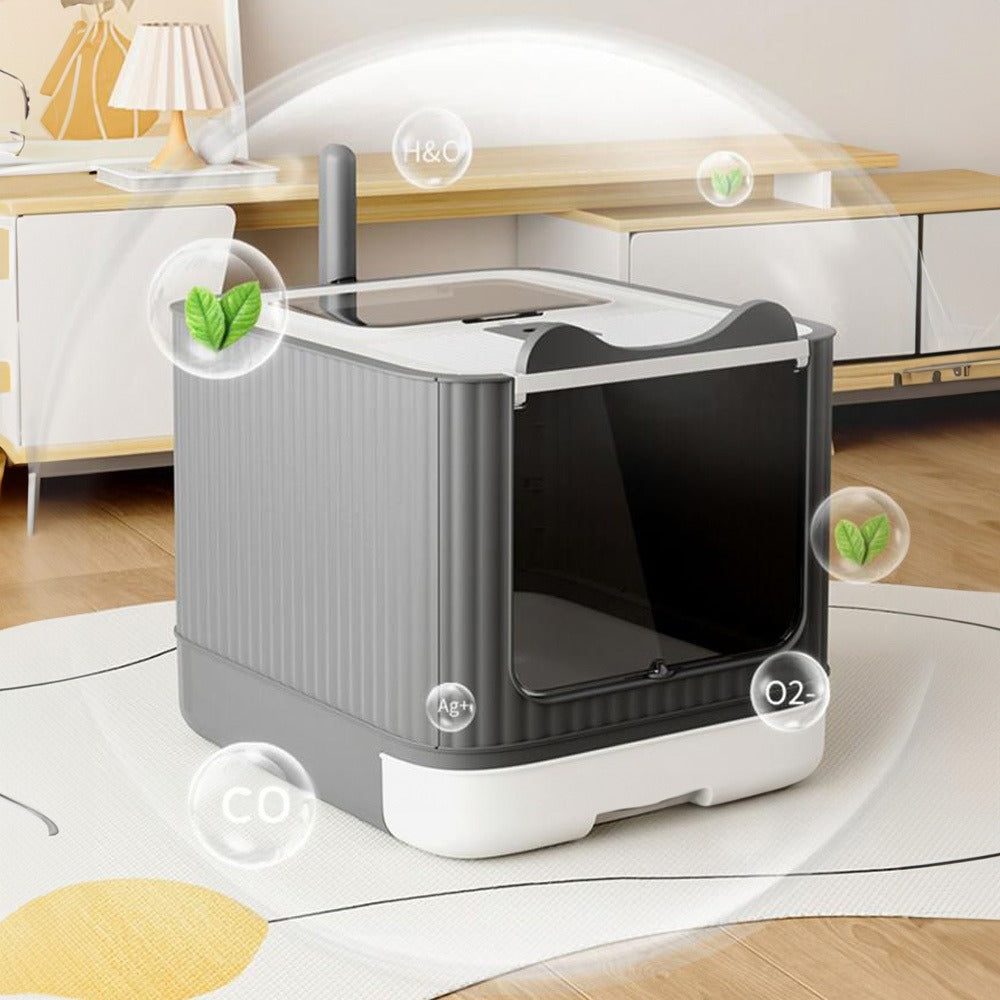 Enclosed Cat Litter Box with UV Sterilisation & Deodoriser | Large Hooded Cat Toilet with Drawer Tray & Scoop | Anti-Splash Odour Control Litter Tray | 44.5x36.5x34.5cm | Grey