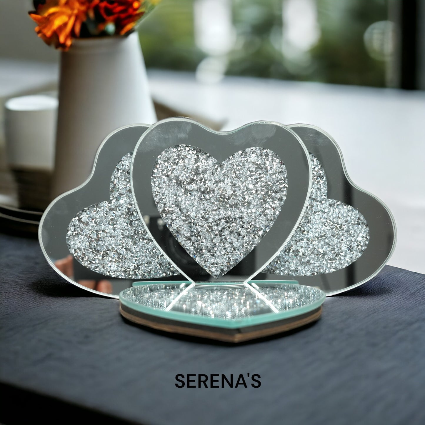 SERENA'S ® Set of 4 Heart Crystal Coasters – 10cm Glass Mirrored Drink Coasters with Glitter Crushed Diamond Design – Elegant Coasters for Home, Kitchen, Bar, or Table Decoration