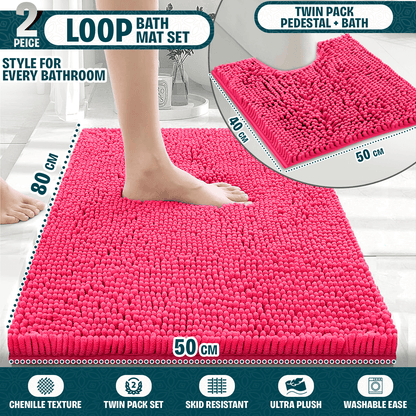 2-Piece Loop Bathroom Mat Set | Soft Chenille Microfiber Rugs with Non-Slip Backing | Machine Washable | Includes 50x80cm Bath Mat & 50x40cm Pedestal Mat | Stylish, Comfy & Durable | UK STOCK | LOCAL WAREHOUSE