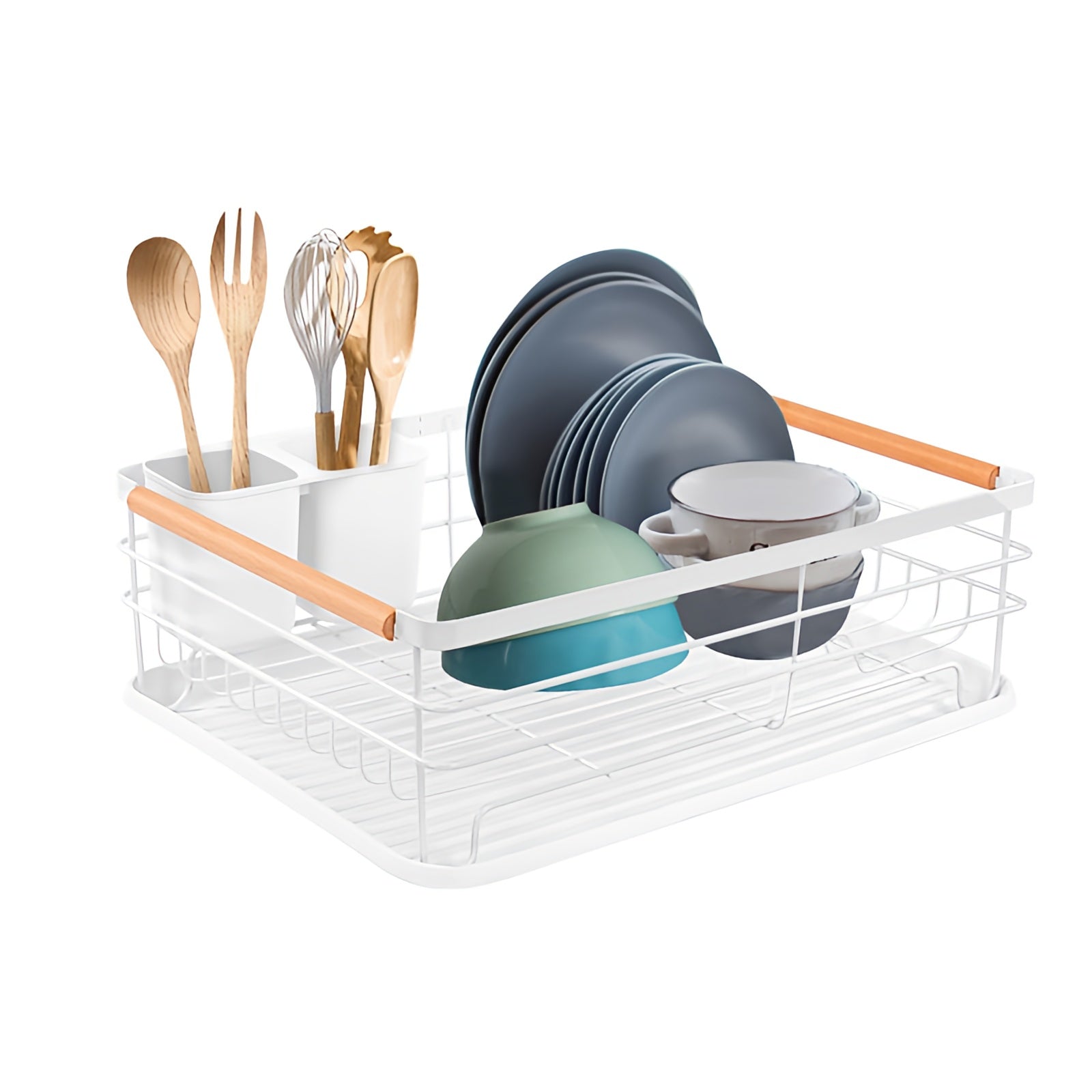 Black Dish Drying Rack - Drip Tray and Wood Handles