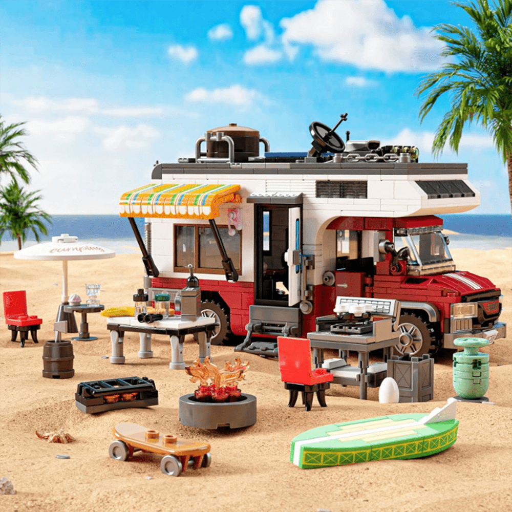 Camper Van Building Blocks Toy, Street View Series Building Blocks, Decompression Assembly Model, Desktop Decoration Ornament, With Built-In Light Up Components, Rich Camping Scene Accessories, Highly Restored Detailed Appearance, No Stuck During Assembly