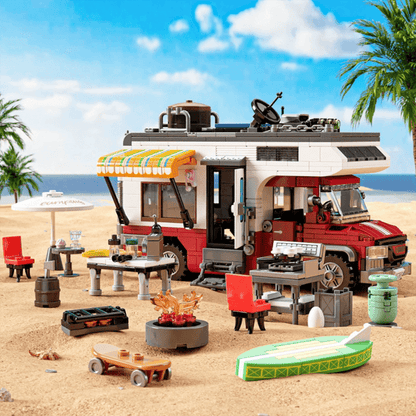 Camper Van Building Blocks Toy, Street View Series Building Blocks, Decompression Assembly Model, Desktop Decoration Ornament, With Built-In Light Up Components, Rich Camping Scene Accessories, Highly Restored Detailed Appearance, No Stuck During Assembly