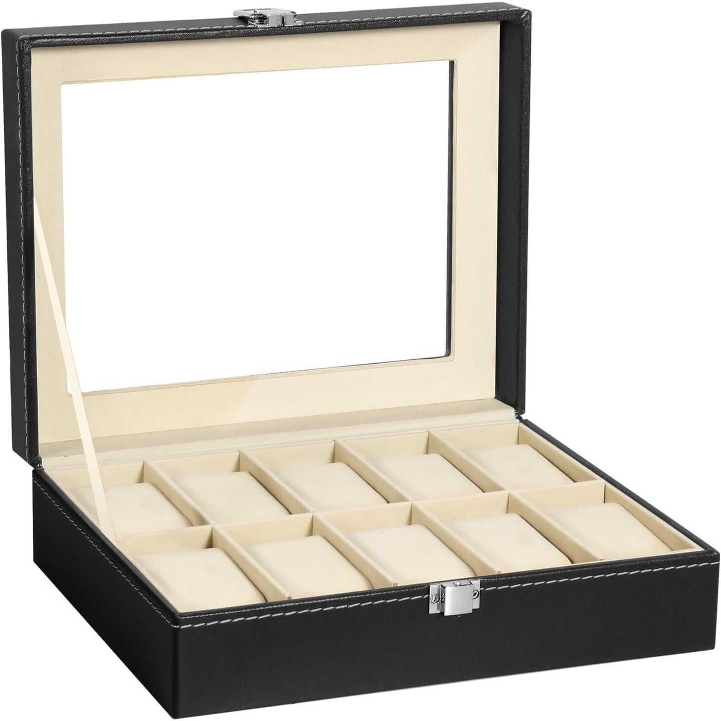 Uten Watch Box 10 Slots, Watch Case with Glass Lid, Watch Display Storage Box for Men and Women, Removable Watch Pillows, PU leather