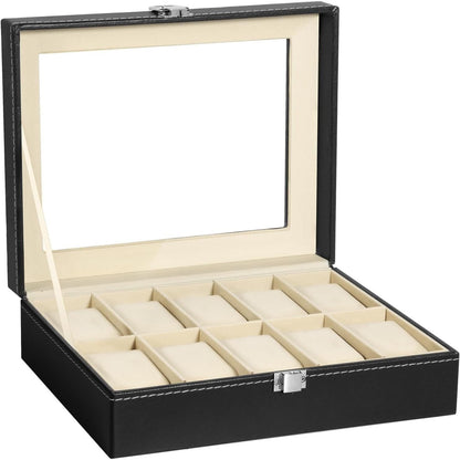 Uten Watch Box 10 Slots, Watch Case with Glass Lid, Watch Display Storage Box for Men and Women, Removable Watch Pillows, PU leather