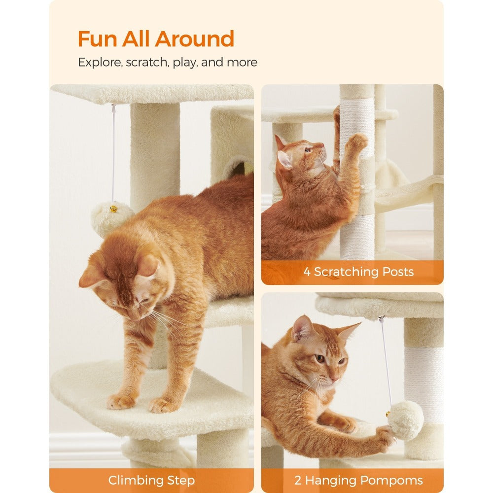 112cm Cat Tree Multi-Level Plush Tower Condo with 4 Scratching Posts, Hammock, Cave & Platforms – Stair-Step Design with Hanging Toys | Easy Assembly Indoor Cat Furniture | Pink White Beige Grey | UK