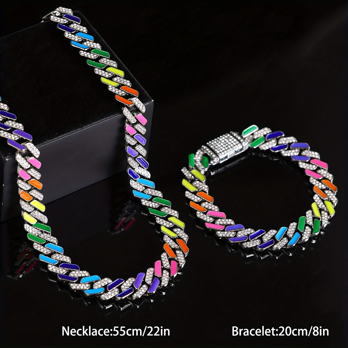 2pcs of Hip-Hop Fashion Style Colorful Oil Drop Spliced Innovative -Shaped Men'S Cuban Chain Fully Studded Necklace