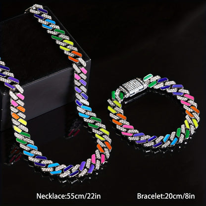 2pcs of Hip-Hop Fashion Style Colorful Oil Drop Spliced Innovative -Shaped Men'S Cuban Chain Fully Studded Necklace
