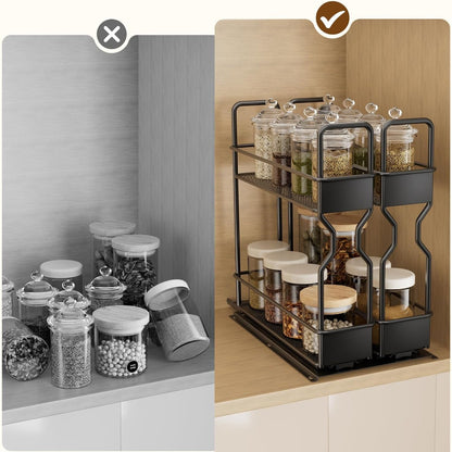 2 Tier Pull Out Spice Rack for Inside Cupboard, Sliding Spice Rack Cabinet Organiser Rack Metal Seasoning Rack Free Standing, Black