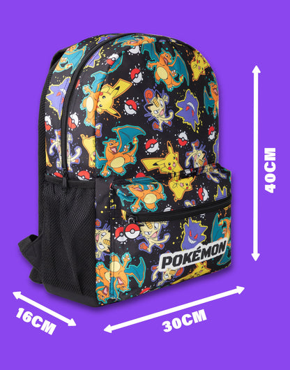 Pokémon Pikachu Charizard Gengar Meowth Backpack in Black | Kids Character All-Over Print Bag | Adjustable Shoulder Straps, Front Pocket & Mesh Holder