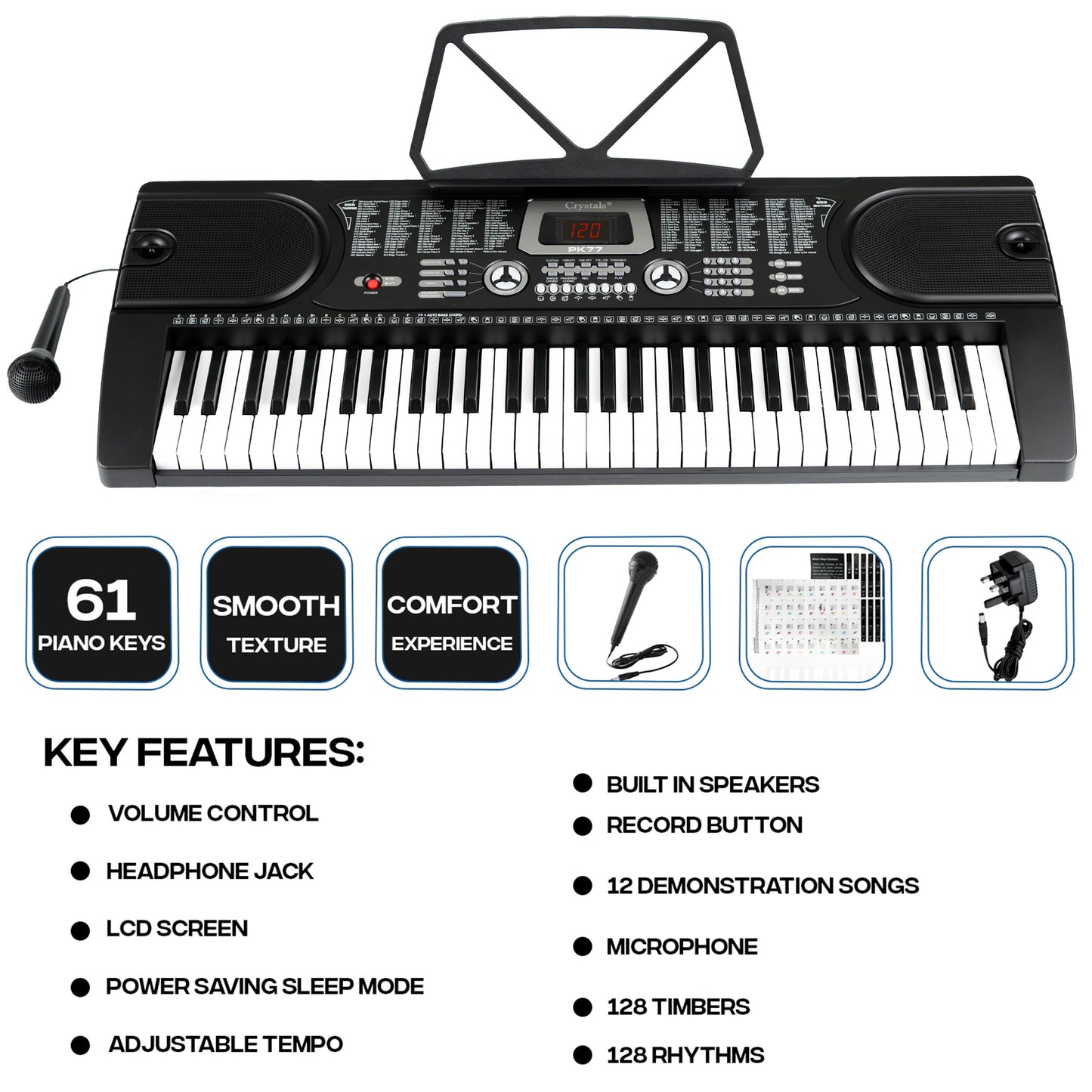 61 Keys Keyboard Piano, Digital Electric Piano for Adults, 24 Demonstration Songs, Teaching Music Instruments with Microphone
