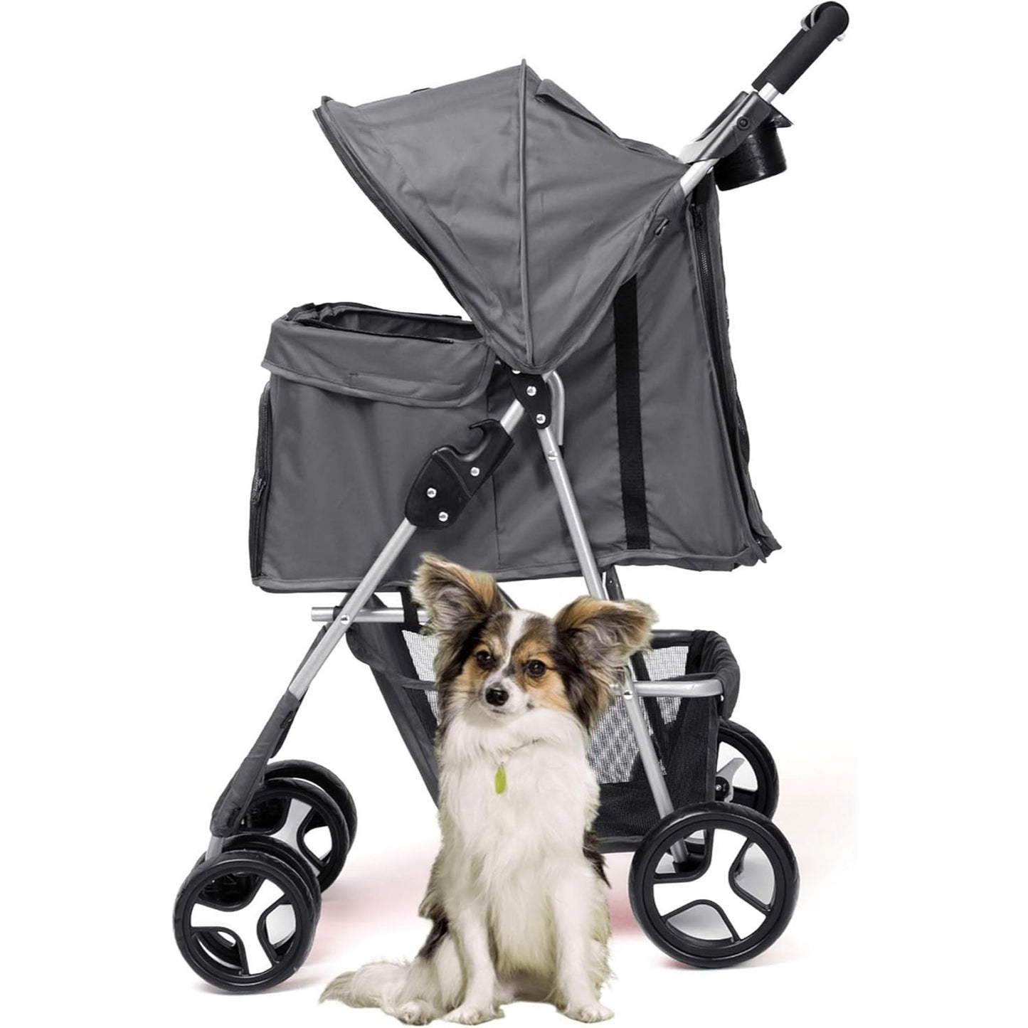 Foldable Pet Stroller With Rain Cover, Portable Foldable Outdoor Walking Cart with Large Space, Hand-Pull Design, Durable Oxford Fabric, Ergonomic Handle & Ventilation Mesh, Lightweight & Sturdy Frame For Small To Medium Dogs - Outdoor Pet Carrier, Modern
